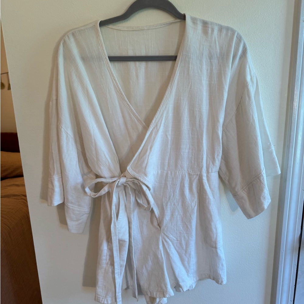 Women's Whife Wrap-Front Tie Linen Romper
